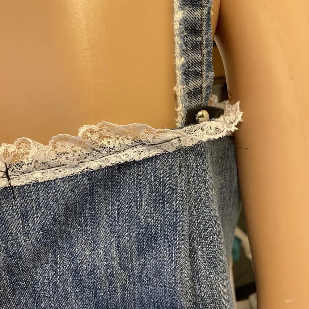 VTG OldNavy BlueDenim LaceTrim Corset Coquette Babydoll Handmade Up cycle L/XL - Picture 10 of 13